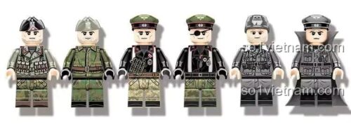 Cận cảnh 6 minifigures lính Đức trong bộ lắp ráp Meilian 98200 Vua Hổ. Đồ chơi xây dựng chất lượng cao, tương thích LEGO®.
