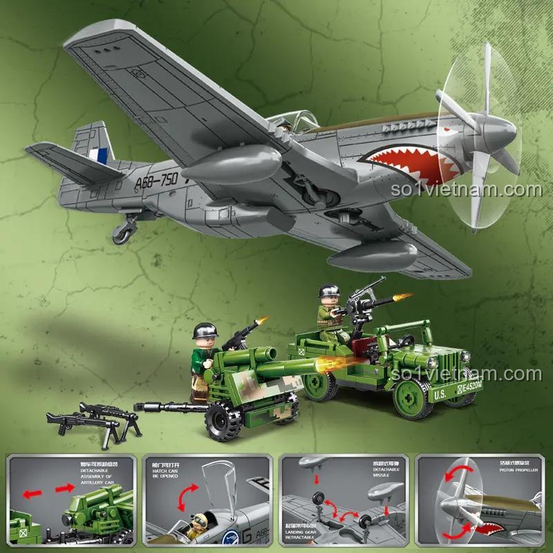 Mô hình máy bay chiến đấu P-51 Mustang từ bộ lắp ghép Meilian 98306, có cánh quạt xoay, buồng lái mở, chi tiết sắc nét, màu xám.