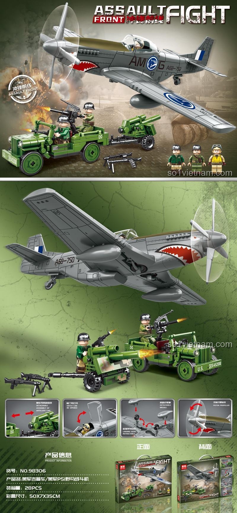 Chi tiết lắp ráp bộ ghép máy bay chiến đấu P-51 Mustang và xe Jeep quân sự Meilian 98306, bao gồm hướng dẫn lắp buồng lái, cánh quạt, pháo.