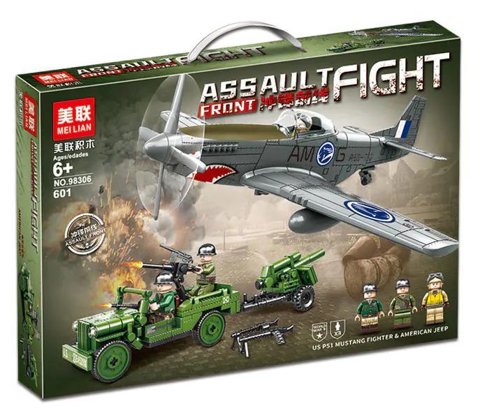Hộp sản phẩm bộ lắp ghép máy bay chiến đấu P-51 Mustang và xe Jeep quân sự Meilian 98306, có 3 minifigures, phù hợp cho bé trai 6 tuổi, chủ đề quân sự, màu xanh lá và xám.