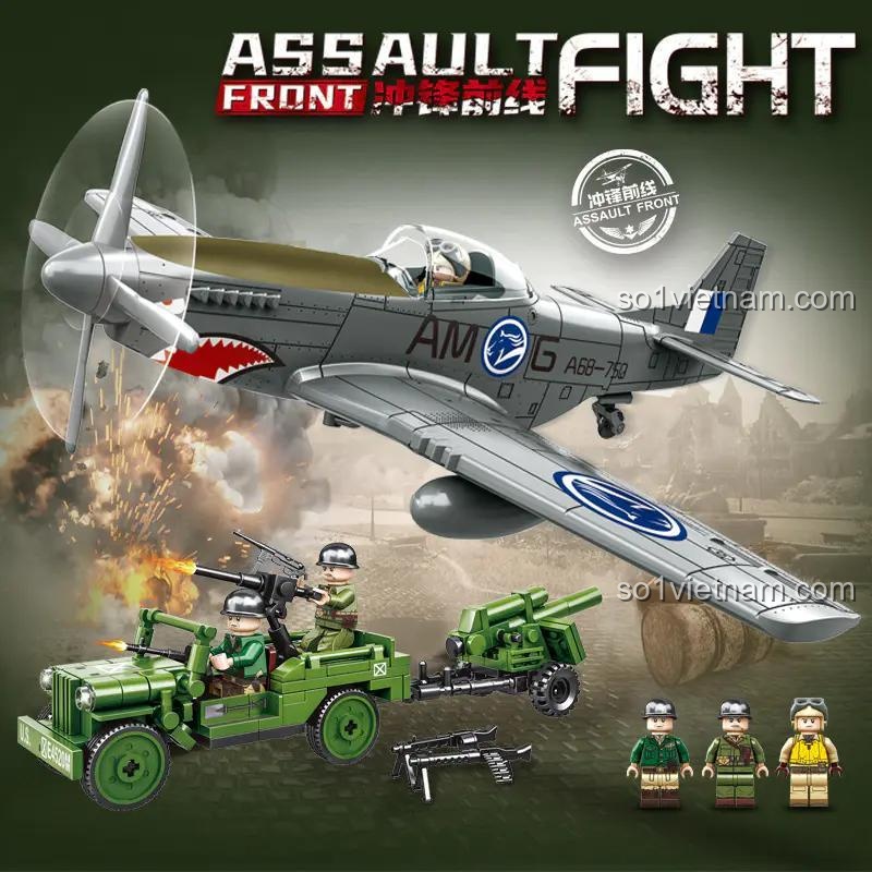 Bộ lắp ghép máy bay chiến đấu P-51 Mustang và xe Jeep quân sự Meilian 98306, mô hình tổng thể với 3 minifigures, pháo và súng đi kèm, chủ đề quân sự, màu xanh lá và xám.