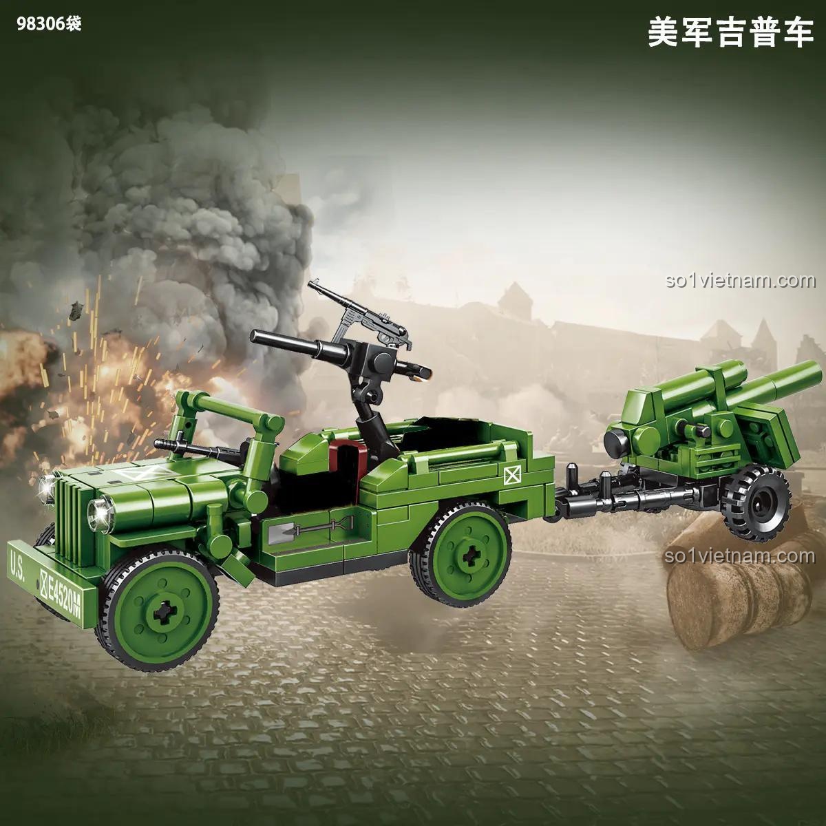 Mô hình xe Jeep quân sự từ bộ lắp ghép Meilian 98306, có pháo và súng đi kèm, màu xanh lá.