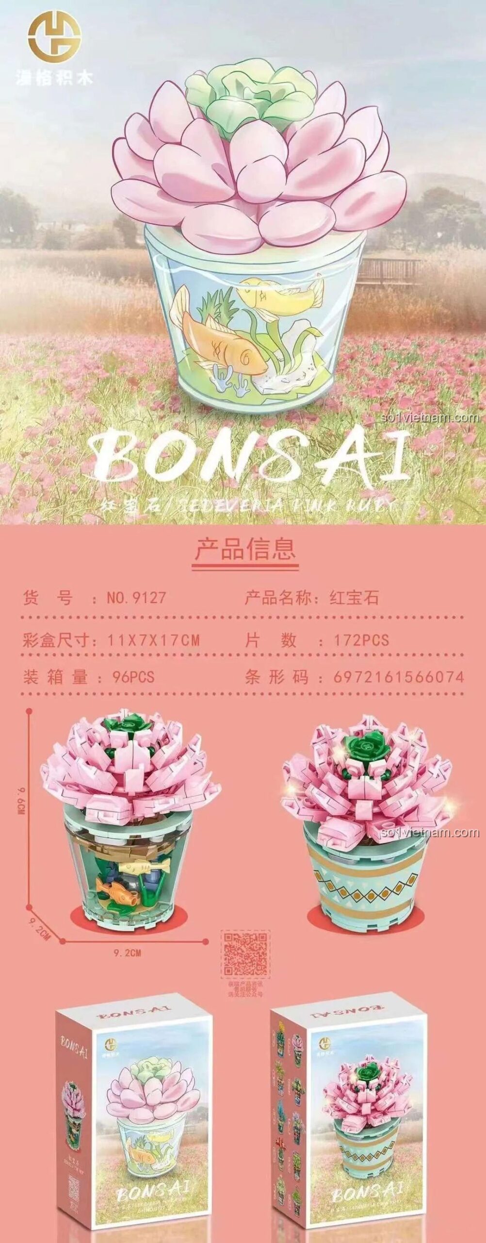 Thông tin sản phẩm bộ lắp ghép MENGGE 9127 Bonsai: Echeveria Pink Rubby