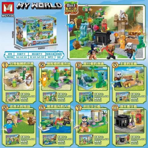 Bộ đồ chơi MG MG1106 Thế Giới Khối Vuông Minecraft 8in1, hộp sản phẩm có kích thước rõ ràng, phù hợp bé trai 6 tuổi, giá tốt.