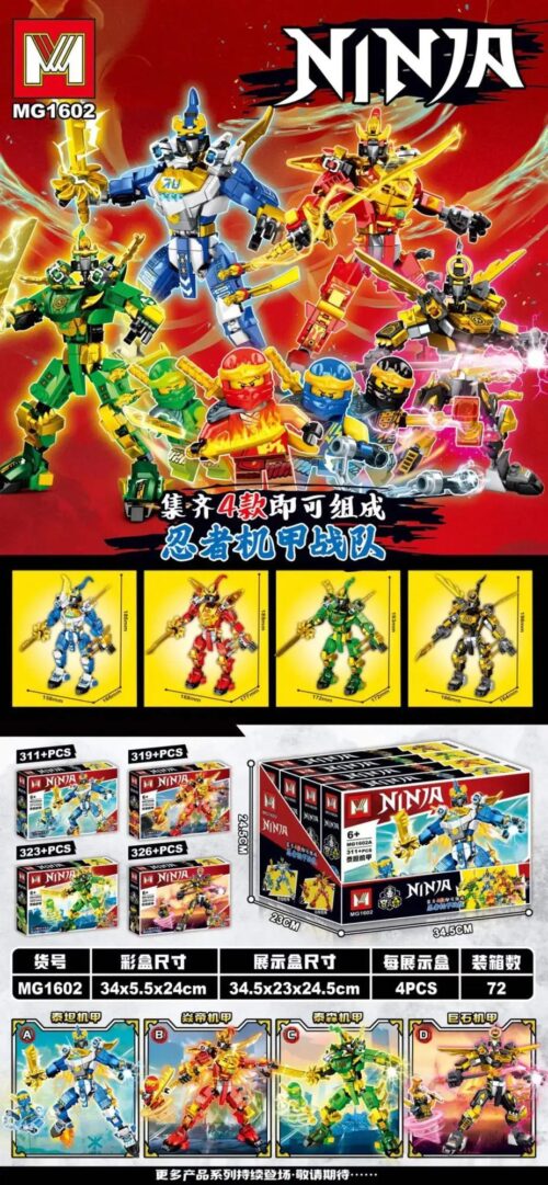 Bộ lắp ghép Robot Nhện Chiến Đấu Ninja MG1602 giá tốt cho bé trai 6 tuổi, thể hiện 4 mẫu robot hợp thể mạnh mẽ, vũ khí đa dạng.