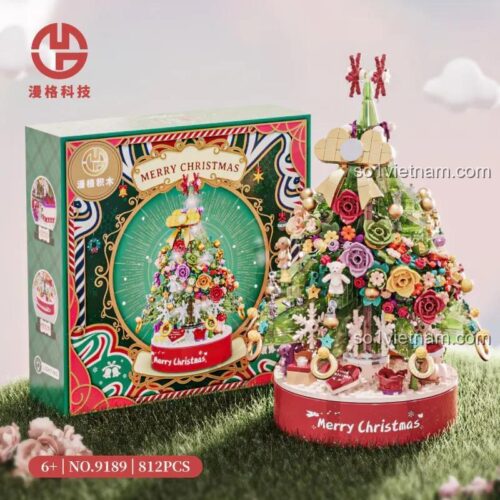 Hộp sản phẩm Cây Thông Noel Âm Nhạc MGM 9189, bộ lắp ghép cây thông Noel 812 chi tiết, đồ chơi sáng tạo cho bé