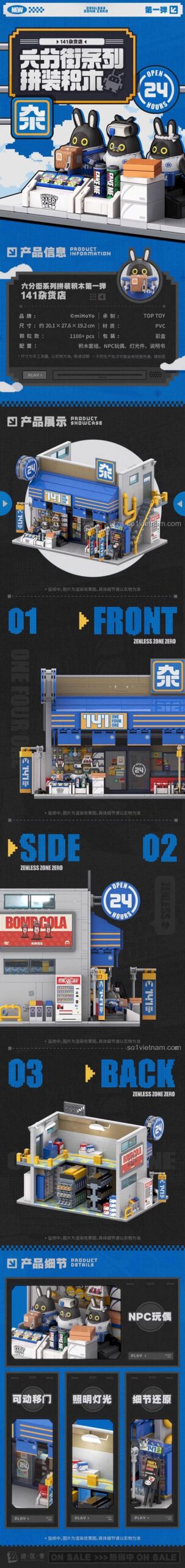 Chi tiết đồ chơi mô hình Cửa hàng tạp hóa 141 miHoYo, với các góc nhìn trước, sau, bên cạnh và các tính năng như đèn LED, cửa trượt.