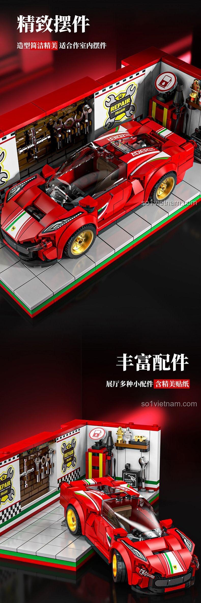 Mijia 13082 Siêu xe Ferrari 6-Grid gara sửa chữa, phụ kiện, 530 mảnh, 12+ tuổi, giá tốt