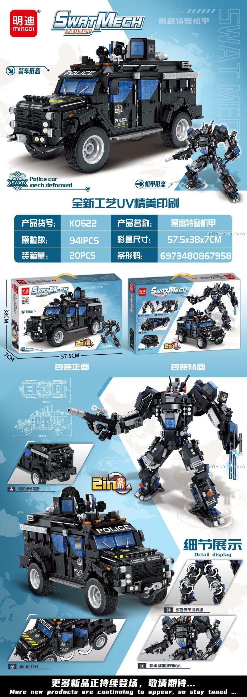 Chi tiết lắp ráp bộ đồ chơi MinDi K0622 Xe SWAT Đặc Nhiệm và Robot SWAT, đồ chơi xây dựng cho bé trai 6 tuổi