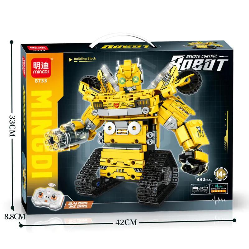 Robot Bumblebee điều khiển từ xa Mindi 8733, bộ lắp ghép 442 mảnh, có đèn LED và âm thanh, chạy bánh xích, đồ chơi STEM cho bé trai 14 tuổi