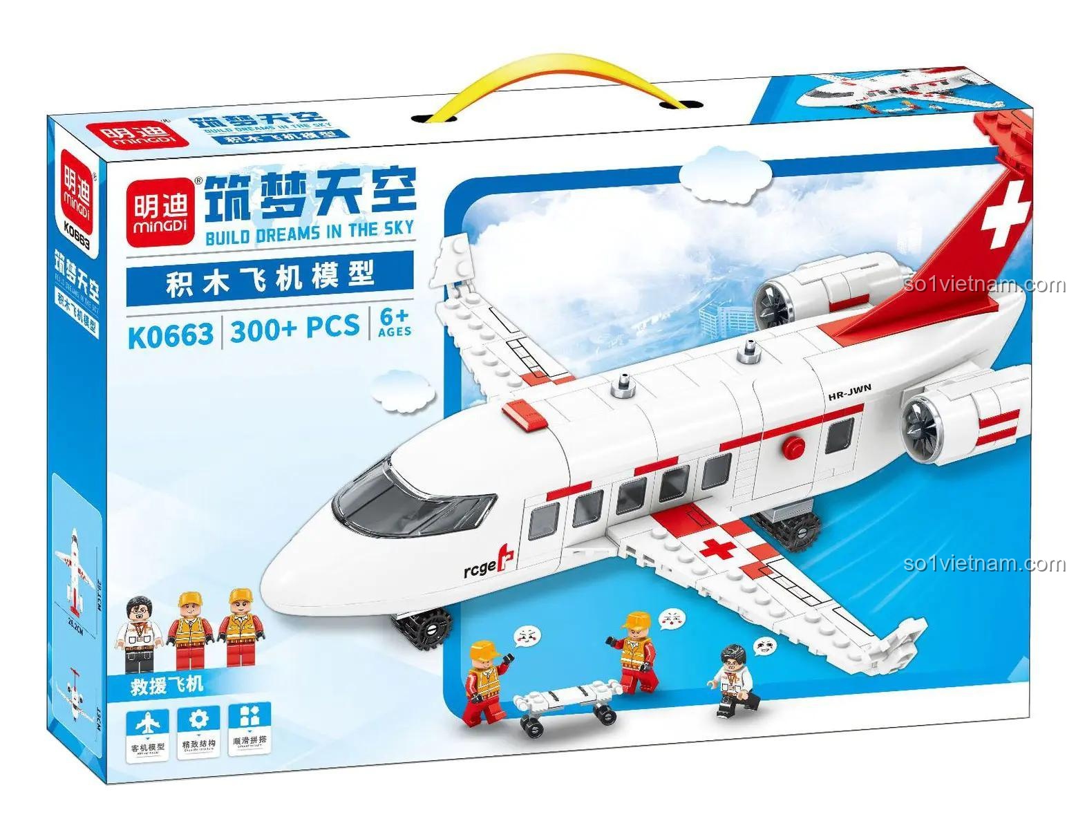 Hộp sản phẩm máy bay cứu hộ Mindi K0663, bộ đồ chơi lắp ráp 300 chi tiết cho trẻ em