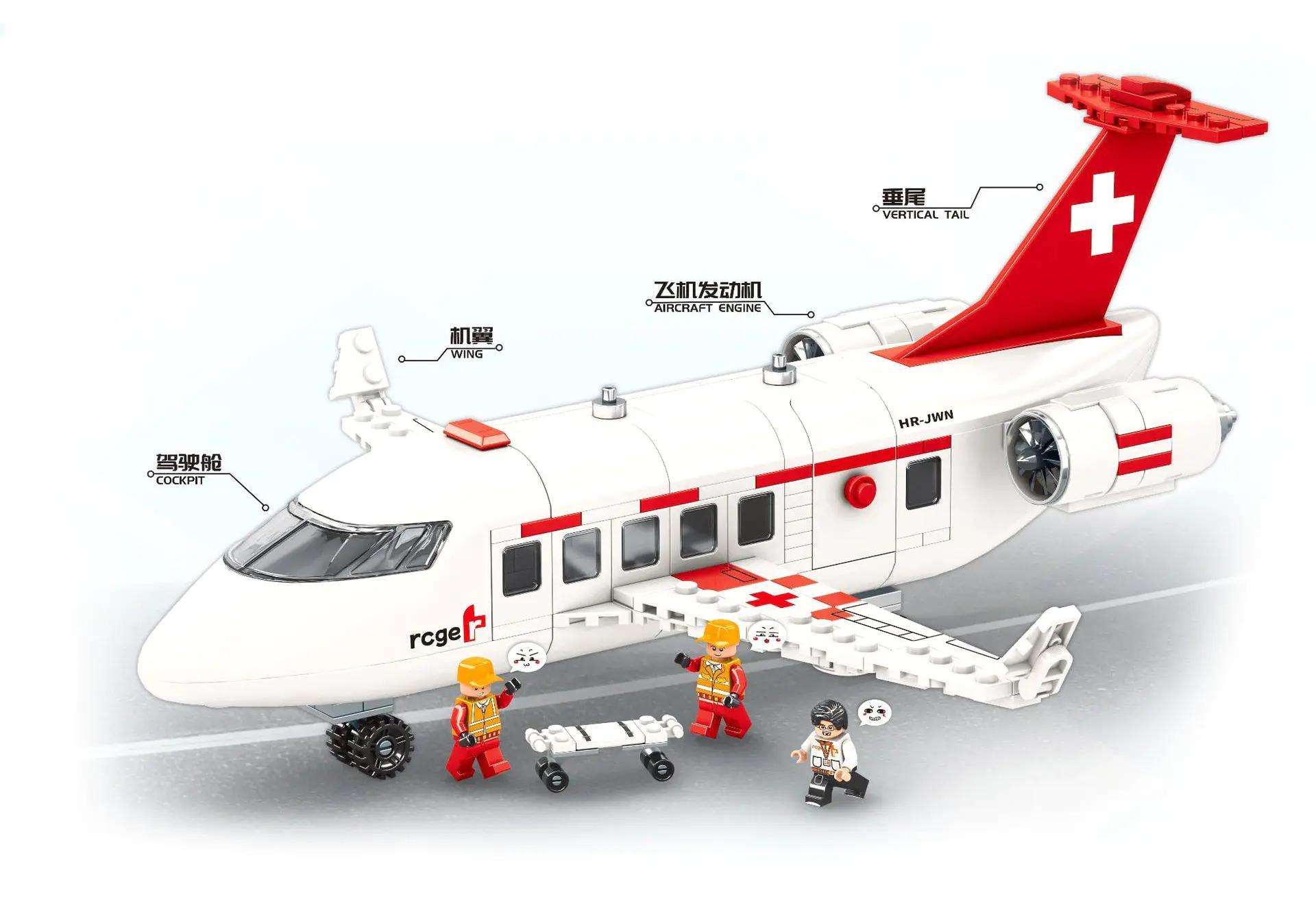 Mô hình máy bay cứu hộ Mindi K0663 với 3 minifigures và cáng cứu thương, đồ chơi lắp ghép cho bé trai 6 tuổi