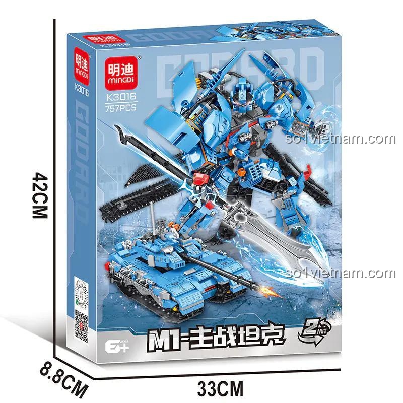 Hộp sản phẩm Mindi/Leibao K3016 Xe tăng chiến đấu M1 và Robot Mecha, bộ đồ chơi lắp ráp quân sự 757 chi tiết