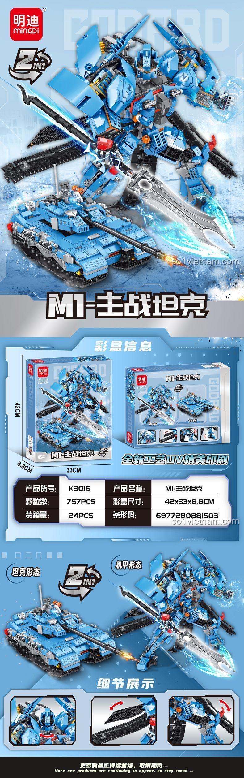 Mô hình Xe tăng chiến đấu M1 từ bộ lắp ghép Mindi/Leibao K3016, đồ chơi quân sự cho bé trai