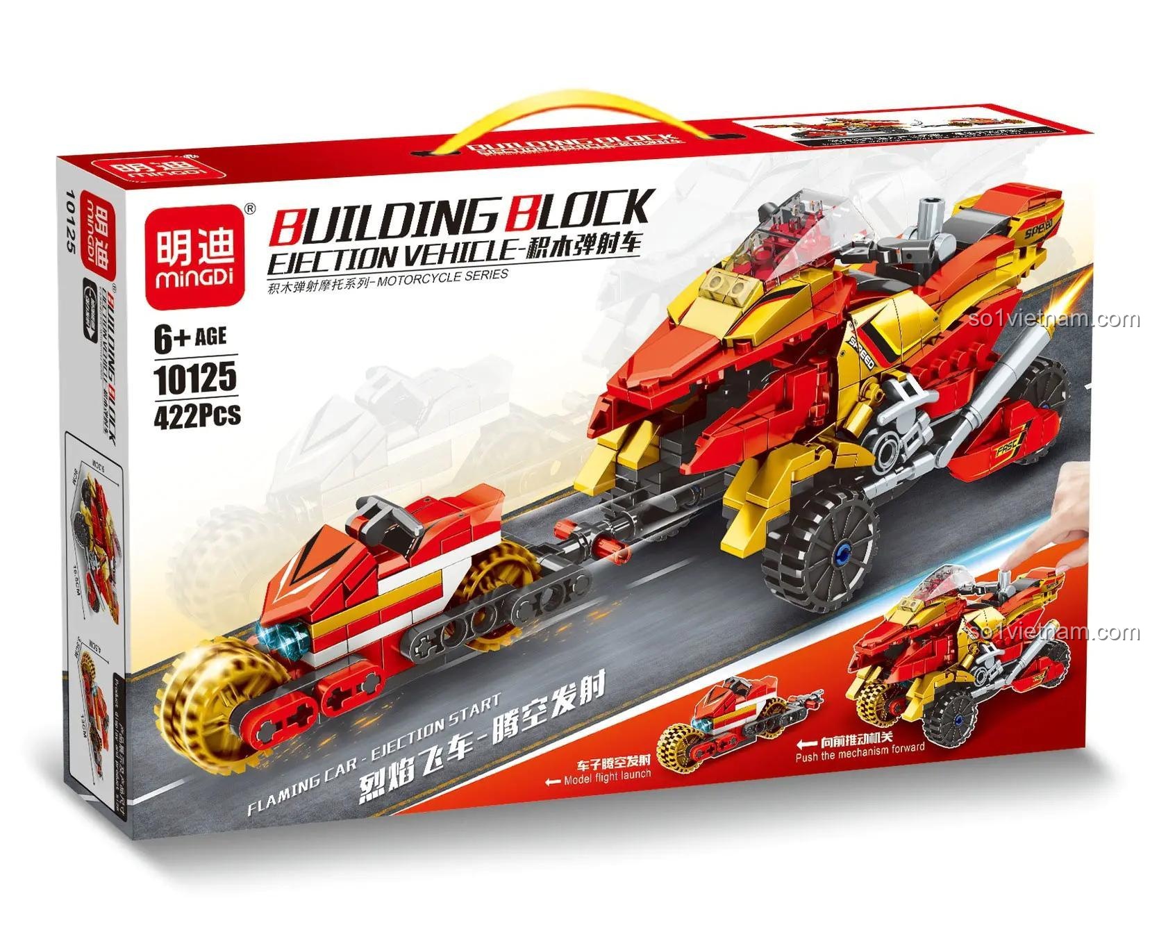 Hộp sản phẩm bộ đồ chơi Xe Tốc Độ Phóng Đạn Lửa MingDi 10125, đồ chơi xe máy tốc độ cho bé trai 6 tuổi, có cơ chế phóng xe, 422 chi tiết, màu đỏ vàng
