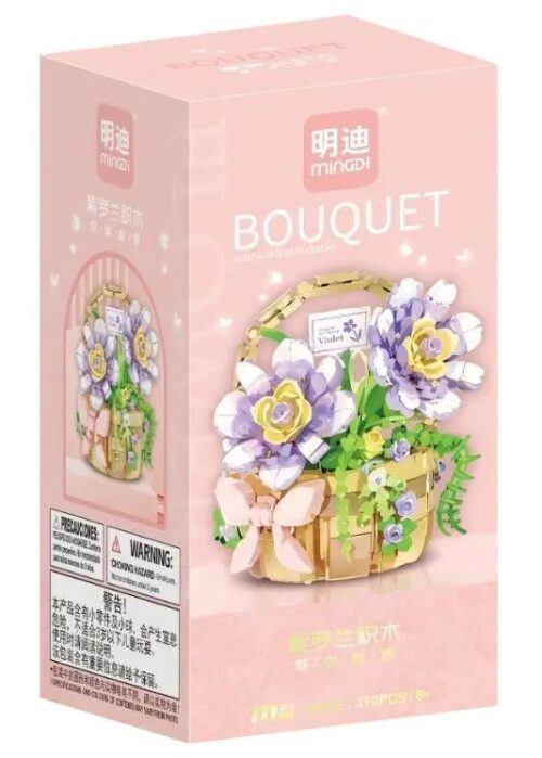 Hộp sản phẩm mingDi 36009 Giỏ Hoa Violet, bộ lắp ghép hoa trang trí cho bé gái 8 tuổi, 370 mảnh