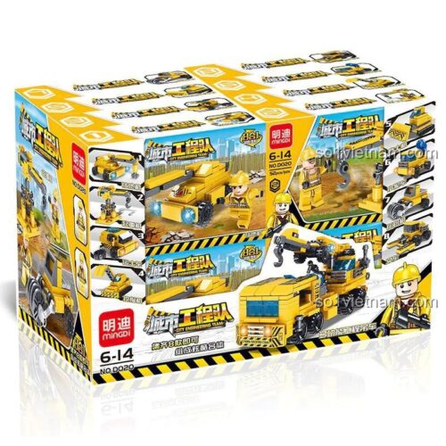 Hộp đồ chơi lắp ráp Đội Công Trình Thành Phố Mingdi D020, 8 kiểu xe công trình nhỏ có thể kết hợp thành mô hình lớn, đồ chơi sáng tạo cho bé trai 6 tuổi.