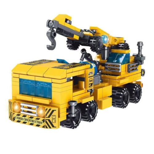 Bộ lắp ghép Đội Công Trình Thành Phố Mingdi D020, xe cẩu công trình màu vàng có đèn LED, phù hợp bé trai 6 tuổi, giá tốt.