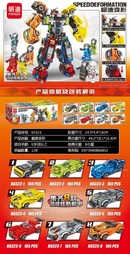 đồ chơi mô hình Robot Biến Hình Từ 8 Xe Đua Mingdi K0323, chi tiết 8 xe đua và robot hợp thể, đồ chơi lắp ráp cho bé trai 6 tuổi