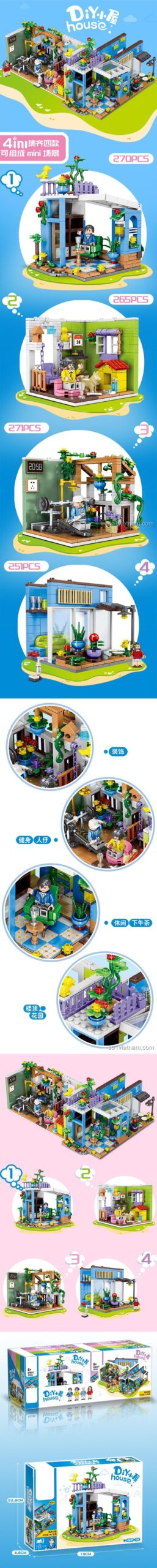 Chi tiết các mẫu lắp được và kích thước hộp bộ lắp ghép Ngôi nhà DIY MinGDi K0355, đồ chơi xây dựng Ngôi nhà mơ ước cho bé gái 6 tuổi