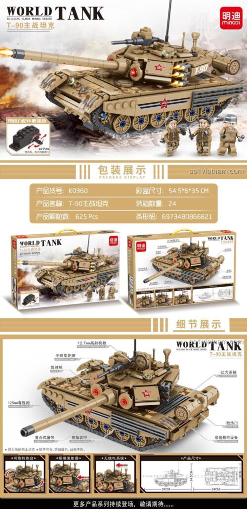 Mô hình xe tăng chiến đấu T-90 Mingdi K0360 với 625 chi tiết, đồ chơi xây dựng xe tăng T-90 cho bé trai 6 tuổi, thể hiện kích thước và các tính năng đặc biệt.