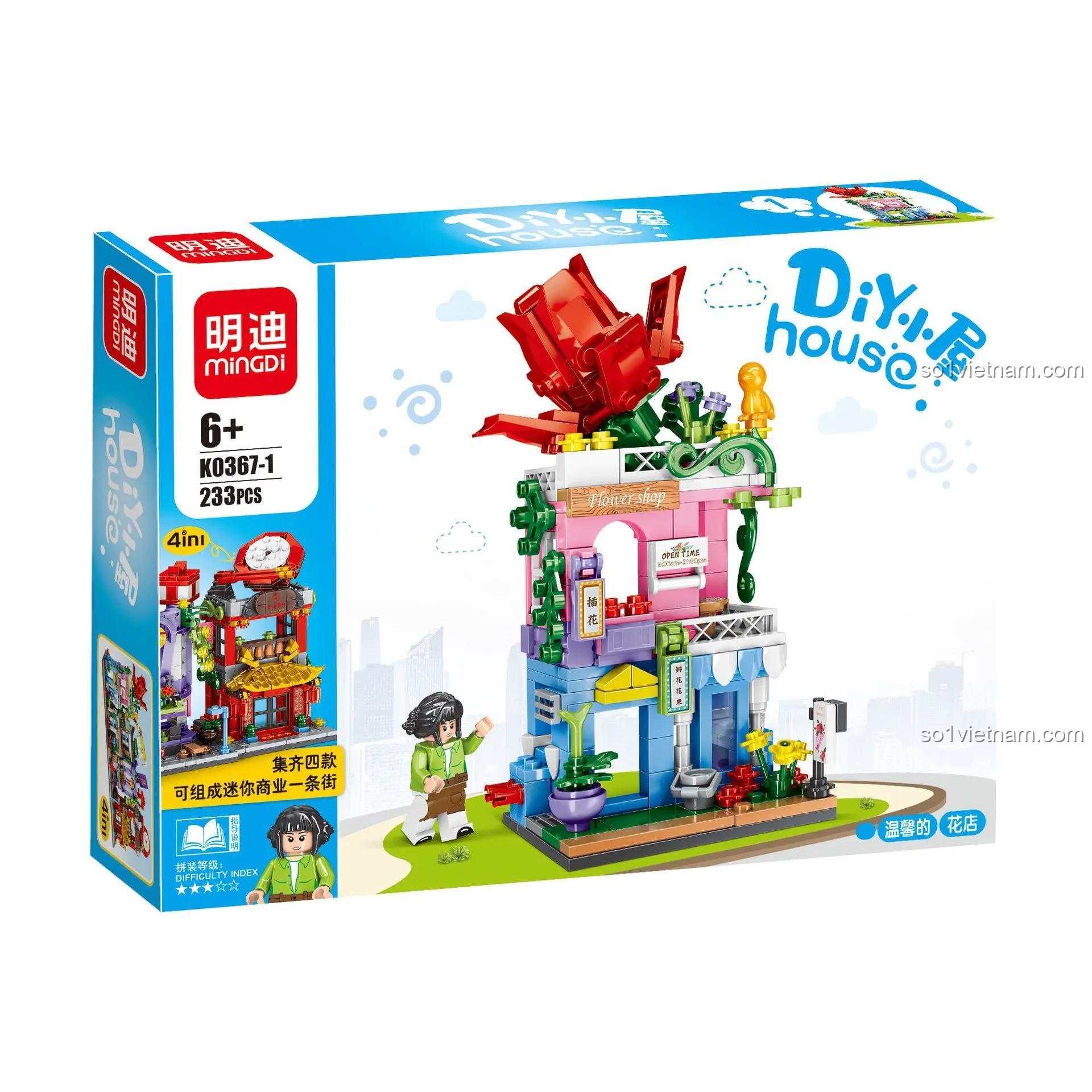 Hộp bộ xếp hình K0367-1 Cửa hàng Hoa minGDi, đồ chơi lắp ghép cho bé gái 6 tuổi, chất lượng cao.