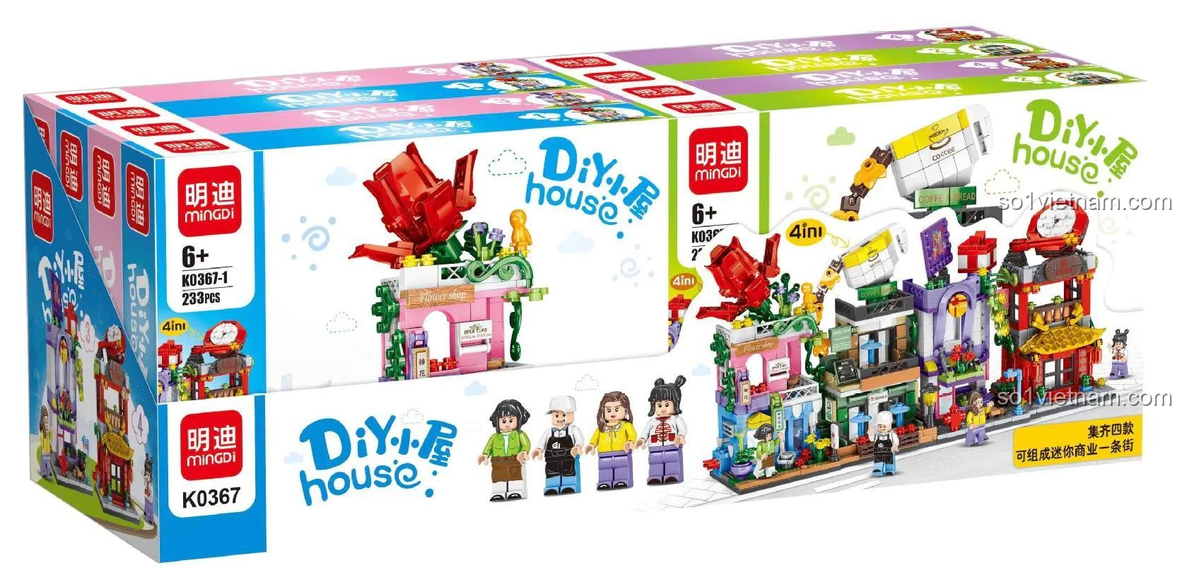 Bộ khối lắp ghép minGDi K0367, tổng hợp 4 hộp nhỏ tạo thành phố thương mại mini, đồ chơi phát triển trí tuệ cho bé 6 tuổi, giá trị cao.