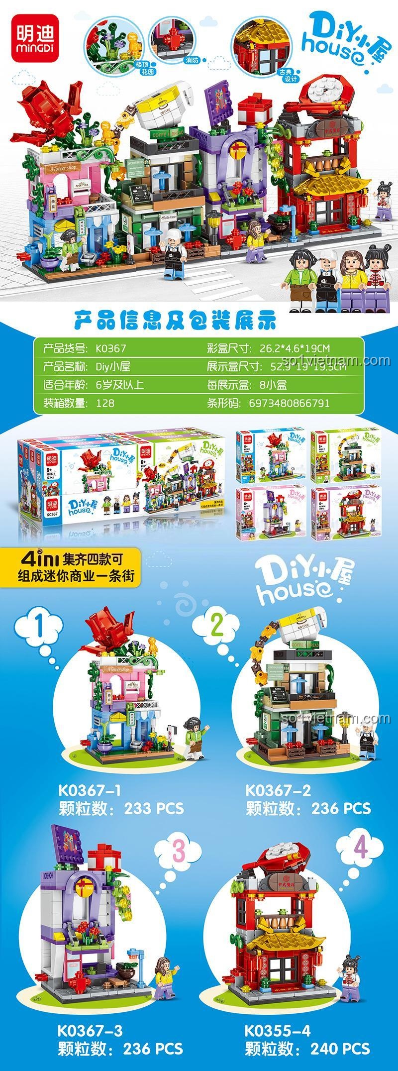 Thông tin chi tiết bộ set đồ chơi LEIBAO K0367, bao gồm số chi tiết, kích thước, độ tuổi khuyến nghị, hình ảnh 4 mẫu lắp ghép, chất lượng đảm bảo.