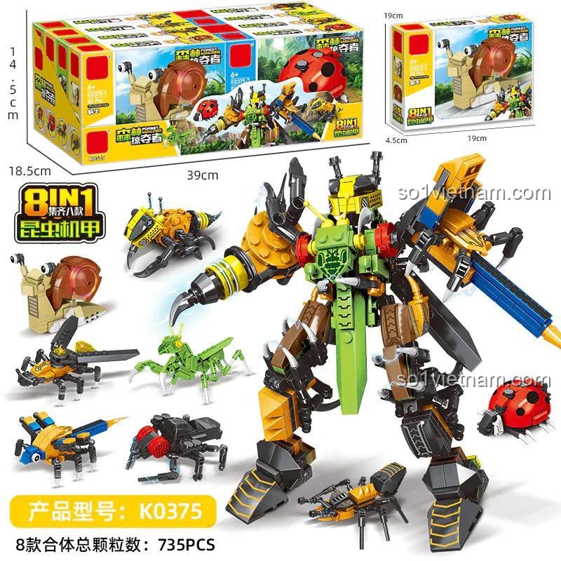 Đồ chơi lắp ráp Robot Côn Trùng Mingdi K0375 với kích thước hộp và các mẫu côn trùng, bộ khối lắp ghép Côn Trùng Biến Hình cho bé trai 6 tuổi