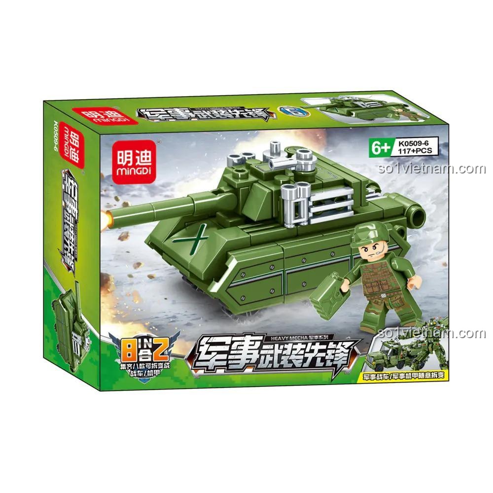 Hộp sản phẩm bộ đồ chơi quân sự MingDi K0509 Heavy Mecha với mô hình xe pháo tên lửa