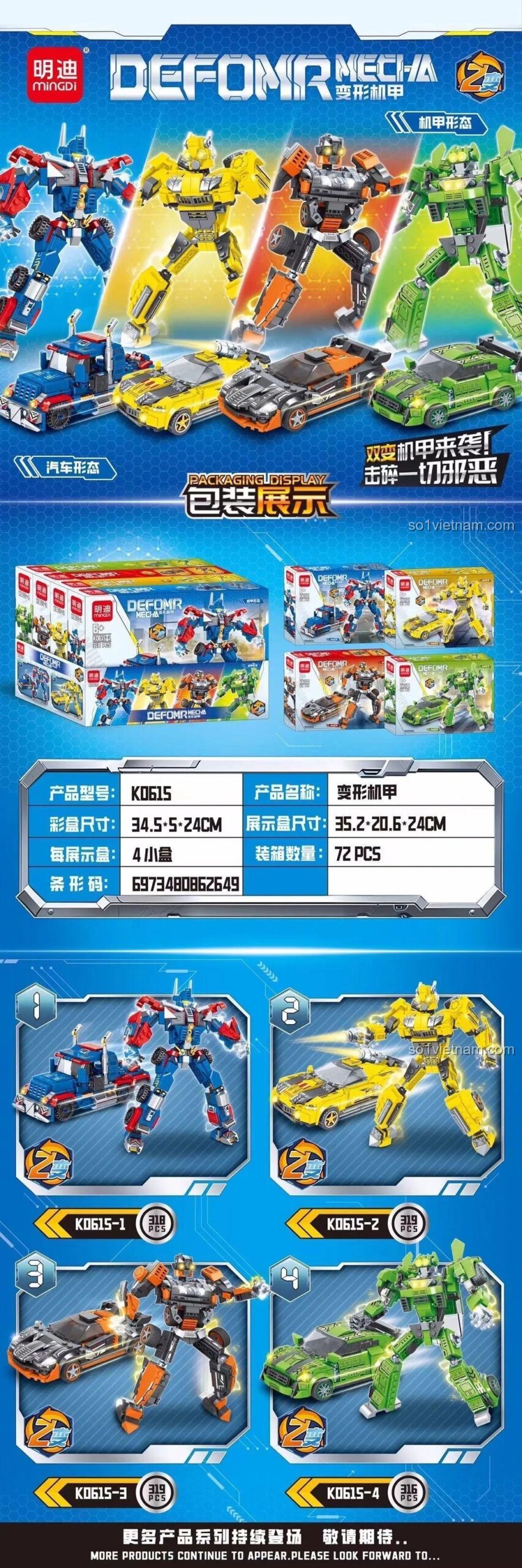 Mô hình Robot Biến Hình Transformers minGDi K0615, 4 mẫu robot và xe khác nhau, đồ chơi lắp ráp cho bé trai 6 tuổi.