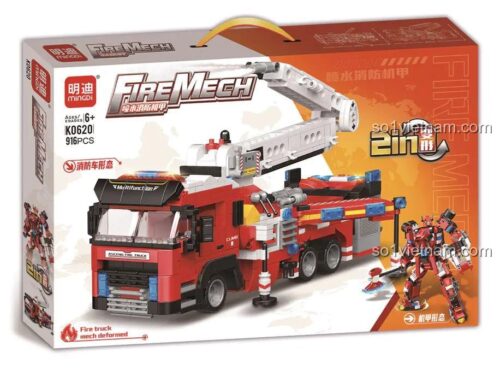 Hộp sản phẩm bộ đồ chơi xe cứu hỏa cơ giáp K0620明迪minGDi, 916 chi tiết, 2 dạng lắp ráp, phù hợp cho bé trai 6 tuổi