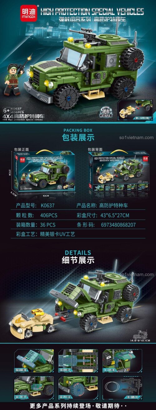 Chi tiết bộ lắp ghép Xe Đặc Chủng Phòng Hộ Cao Cấp 4x4 MingDi K0637, xe quân sự màu xanh lá, có minifigure, 406 chi tiết, phù hợp cho bé trai 6 tuổi, giá tốt