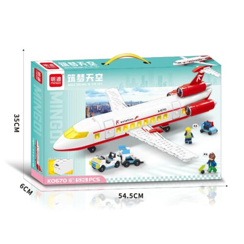 Bộ lắp ghép Mingdi K0670 Máy Bay Chở Khách, đồ chơi lắp ráp máy bay dân dụng giá tốt cho bé trai 6 tuổi, thể hiện kích thước hộp sản phẩm.