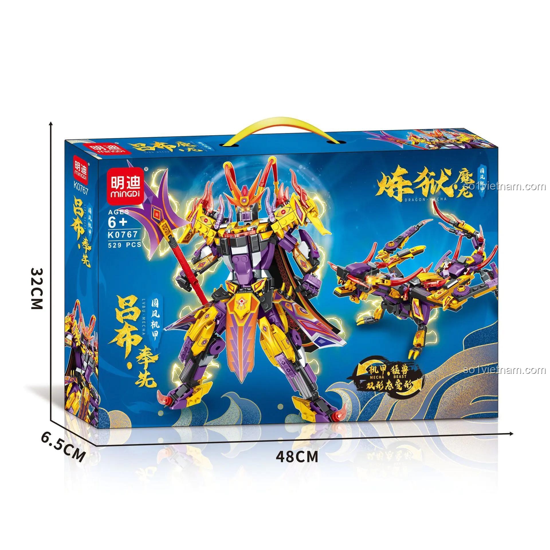 Hộp sản phẩm Quốc Phong Cơ Giáp Luyện Ngục Ma Long Lữ Bố Phụng Tiên, bộ lắp ghép minGDi K0767, kích thước hộp 48x32x6.5cm