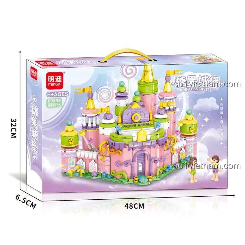 Hộp đồ chơi lắp ráp Lâu đài Công chúa K0898 Mingdi, thể hiện kích thước hộp 48x32x6.5cm, đồ chơi cho bé gái 6 tuổi
