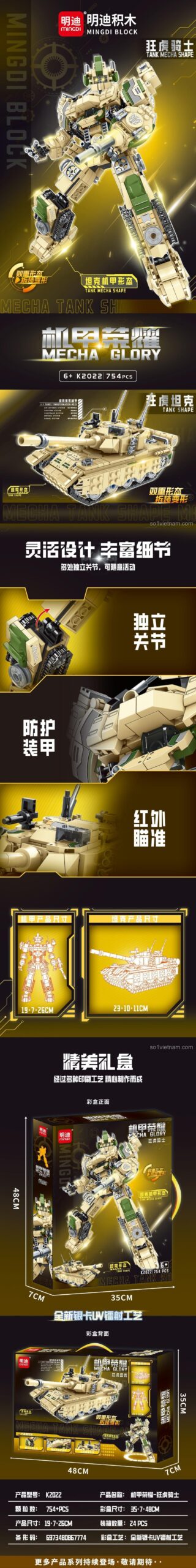 Chi tiết bộ xếp hình Robot Biến Hình MingDi K2022, mô hình xe tăng biến hình 2 trong 1, đồ chơi giáo dục cho bé trai