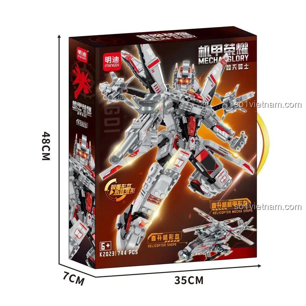 Hộp bộ lắp ghép Kỵ sĩ cơ giáp Mingdi K2023, đồ chơi lắp ráp Robot trực thăng, thể hiện kích thước hộp 48x35x7cm, cho con trai 6 tuổi