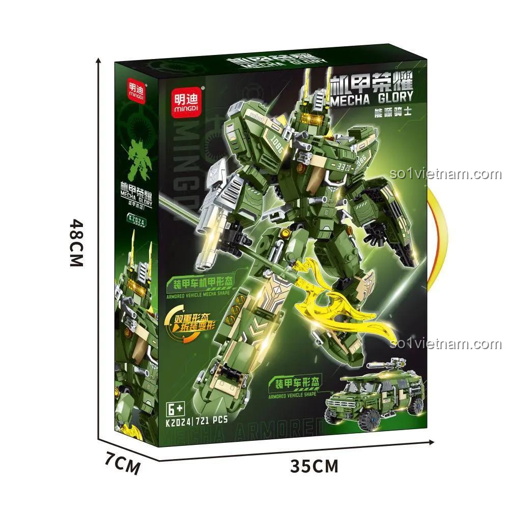 Hộp bộ lắp ghép Kỵ Sĩ Năng Lượng Leibao K2024, thể hiện rõ khả năng biến hình 2 kiểu robot và xe quân sự, 721 mảnh ghép cho bé trai 6 tuổi.