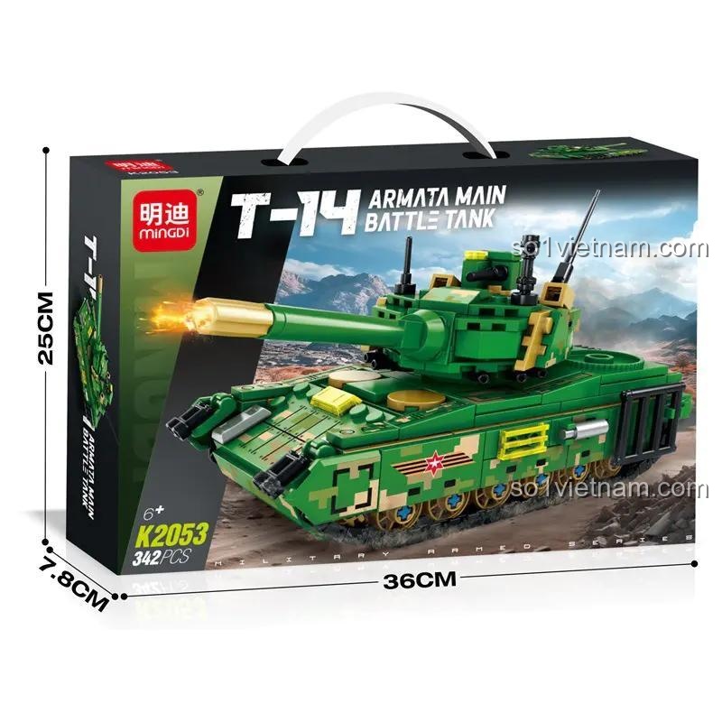 Hộp đồ chơi lắp ráp Mingdi K2053 Xe Tăng Quân Sự T-14 Armata, thể hiện kích thước hộp 36x25x7.8cm, phù hợp bé trai 6 tuổi.