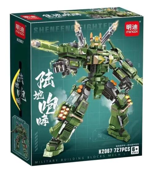 Hộp đồ chơi lắp ghép xe tăng chiến đấu "Lục Địa Gầm Rú" K2067 của hãng minGDi/LEIBAO, gồm 727 mảnh ghép, phù hợp cho bé trai 6 tuổi, màu xanh lá chủ đạo.