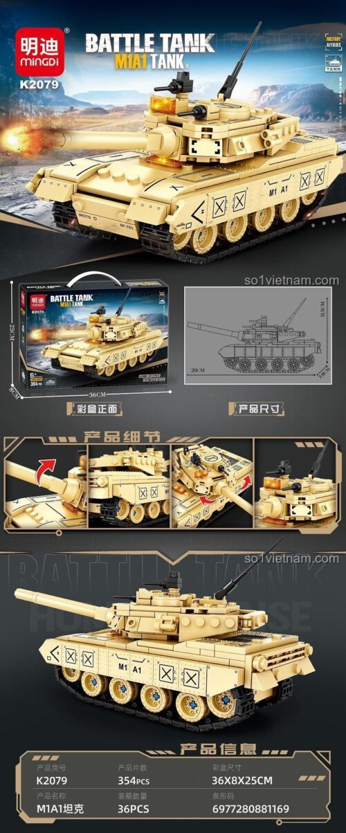 Chi tiết và kích thước đồ chơi mô hình Xe tăng M1A1 Abrams MINGDI K2079, chất lượng cao, tương thích LEGO®.