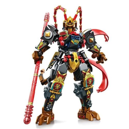 Ảnh chính diện bộ lắp ghép Robot Tôn Ngộ Không MINGDI K2132. Mô hình mecha Tề Thiên Đại Thánh với giáp đen đỏ vàng, cầm Gậy Như Ý, dành cho bé trai 6 tuổi, giá rẻ.