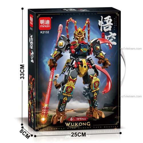 Ảnh vỏ hộp đồ chơi mô hình Mecha Tề Thiên Đại Thánh MINGDI K2132. Hộp màu đen, có ghi số chi tiết 397 và kích thước hộp 33x25x8cm. Lựa chọn quà tặng giá tốt cho bé trai.