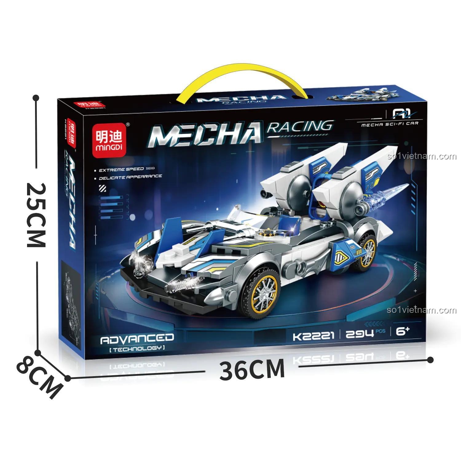 Hộp sản phẩm minGDi K2221 Xe Đua Xung Lực - Bộ lắp ráp xe đua tốc độ cao, đồ chơi STEM cho bé trai 6 tuổi, 294 chi tiết, kích thước 36x8x25cm