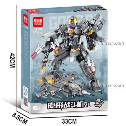 Hộp sản phẩm bộ lắp ghép 明迪minGDi K3014 Chiến cơ tàng hình V1 & Robot Khổng Lồ, kích thước 33x42x8.8cm