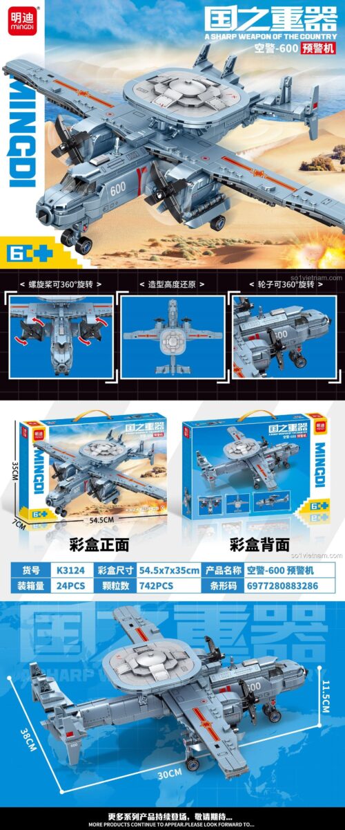 Mô hình hoàn chỉnh bộ lắp ghép Máy bay cảnh báo sớm KJ-600, đồ chơi mô hình MingDi K3124, Máy bay quân sự KJ-600 LeiBao với 742 chi tiết, màu xám xanh, cánh quạt xoay 360 độ, phù hợp bé trai 6 tuổi, bộ lắp ghép K3124 giá tốt.