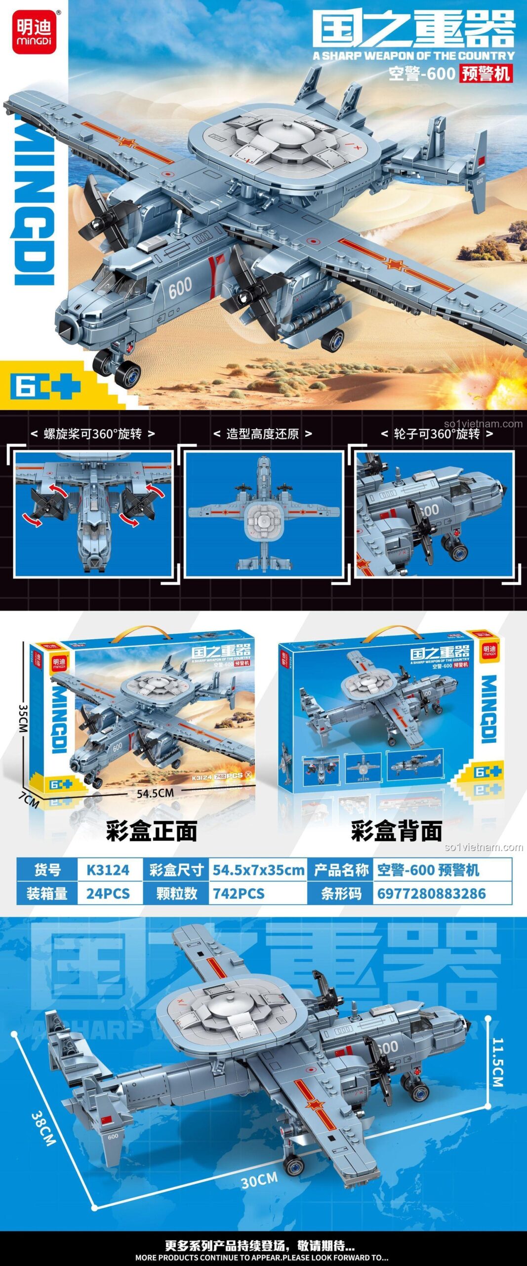 Mô hình hoàn chỉnh bộ lắp ghép Máy bay cảnh báo sớm KJ-600, đồ chơi mô hình MingDi K3124, Máy bay quân sự KJ-600 LeiBao với 742 chi tiết, màu xám xanh, cánh quạt xoay 360 độ, phù hợp bé trai 6 tuổi, bộ lắp ghép K3124 giá tốt.