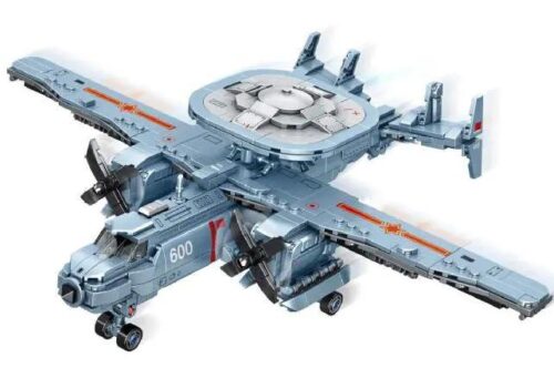 Hộp sản phẩm đồ chơi xây dựng Máy bay cảnh báo sớm KJ-600, MingDi K3124 Máy bay cảnh báo sớm KJ-600, hiển thị kích thước hộp và mô hình, tính năng cánh quạt và bánh xe xoay 360 độ, Mô hình máy bay cảnh báo sớm KJ-600 3124, đồ chơi mô hình LeiBao, phù hợp bé trai 6 tuổi.