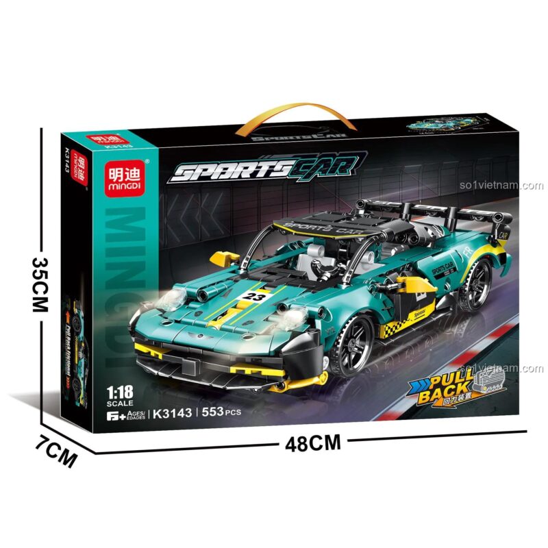 Hộp đồ chơi lắp ráp MingDi K3143 Xe Thể Thao Kéo Lùi, tỉ lệ 1:18, 553 chi tiết, cho con trai 6 tuổi, tiết kiệm